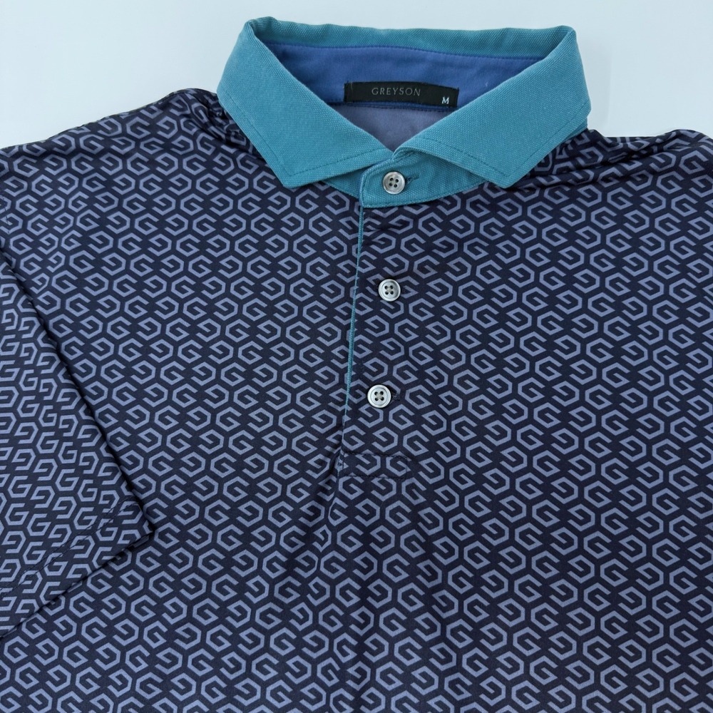 Greyson Clothiers Mens Navy Geometric Logo Print Golf Polo Shirt Size Medium